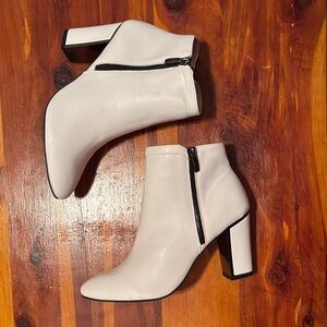 Women's White Block Heel Ankle Boots with Side Zip